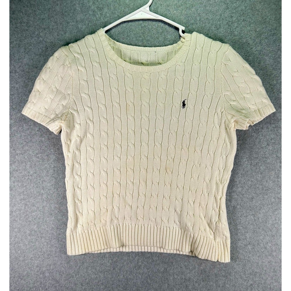 Stain* Polo Ralph Lauren Womens White Cable Knit Crew Neck Short Sleeve Pullover